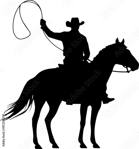 Silhouette of Cowboy on Horseback with Lasso in Hand Isolated on White Background