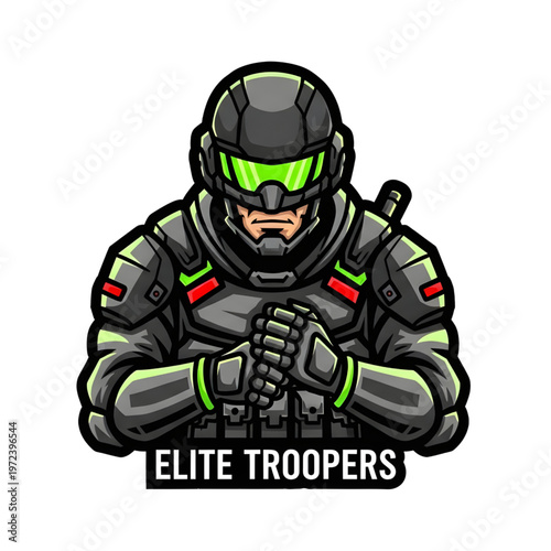 Elite Troopers esports team logo vector, fierce tactical soldier mascot emblem for competitive gaming and esports branding