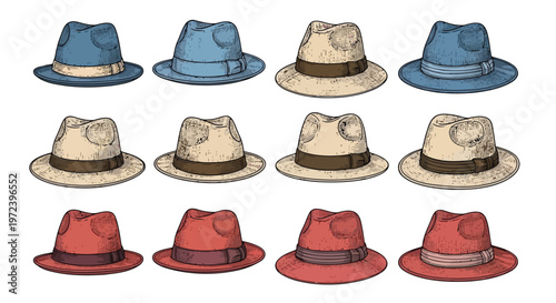 Fashion hat collection with blue, beige and red fedora styles on white background