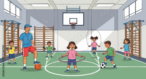 School physical education class with diverse children and coach, kids exercising in indoor gym, elementary students playing sports and training