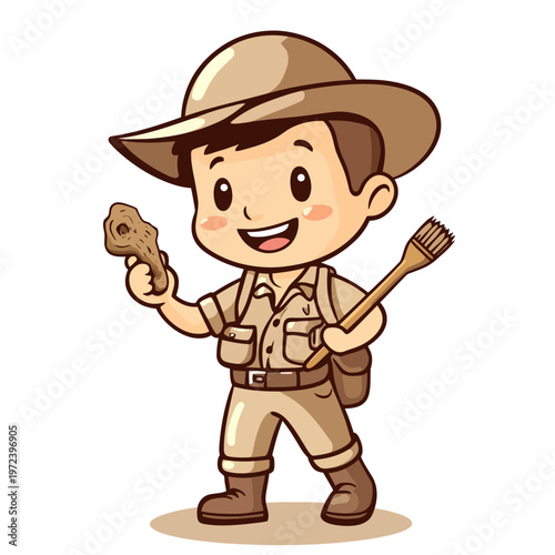 Cute cartoon archaeologist with a hat, holding a bone and brush, smiling