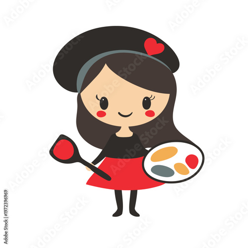 Cute cartoon of a girl wearing a beret, holding a brush and paint palette