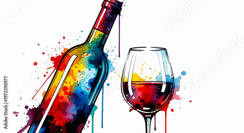 Watercolor wine bottle and glass vector illustration, colorful paint splash wine art, artistic red wine drink graphic for restaurant menu