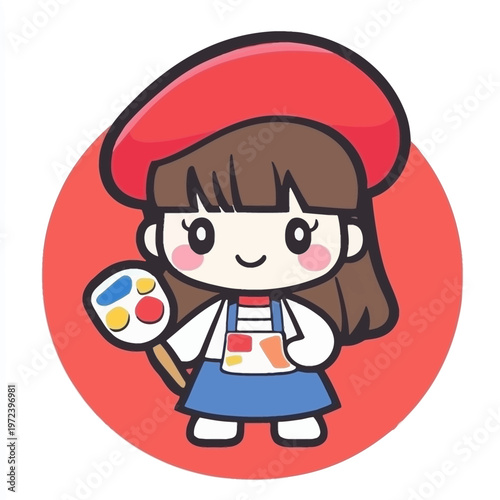 Adorable illustration of a smiling artist with a beret holding a palette. Features red circle background