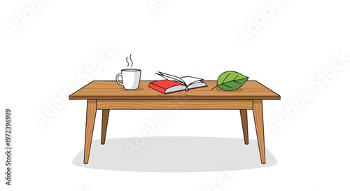 Wooden Coffee Table with Book and Hot Beverage Illustration