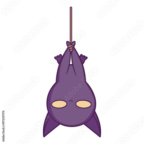 A cartoon bat hangs upside down from a rope, with large eyes. Vector illustration on white