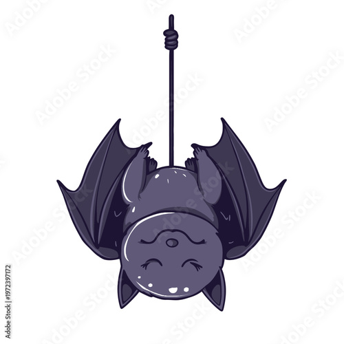 Cartoon illustration of a bat hanging upside down by a rope, with dark purple shading