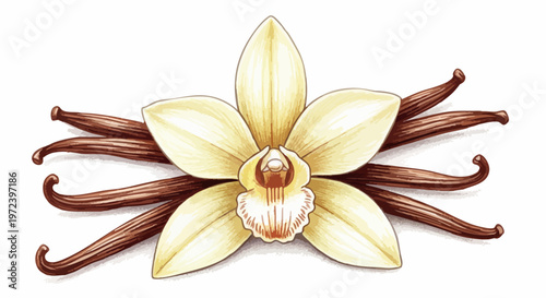 Vanilla orchid flower with dried vanilla beans, aromatic spice vector illustration, botanical food ingredient for bakery and cosmetic packaging