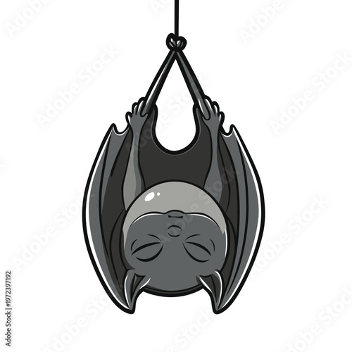 A cartoon bat with its wings spread, hangs upside down from a loop. It's grayscale with simple lines
