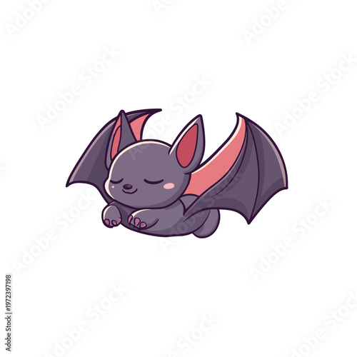 Cartoon-style illustration of a flying bat with closed eyes, pink inner ears and wing membrane