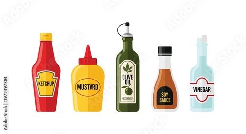 Set of Condiment Bottles Including Ketchup Mustard Olive Oil Soy Sauce and Vinegar