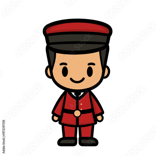 A smiling cartoon figure dressed in red uniform and hat, with black hair and shoes