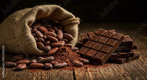 Dark chocolate bars stacked next to raw cocoa beans, cocoa powder, and a burlap sack on a wooden table.