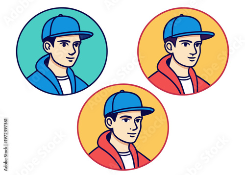 Three circular profile portraits feature a man wearing a blue baseball cap and different colored hoodies against teal and yellow backgrounds.