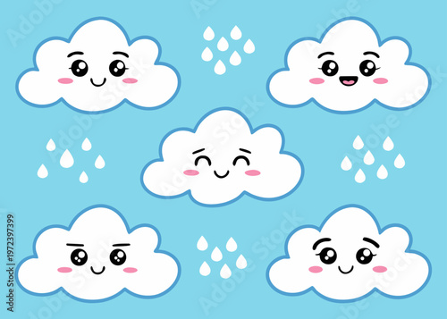 Five smiling white cloud characters with various facial expressions are floating in front of a blue background filled with small white raindrops.