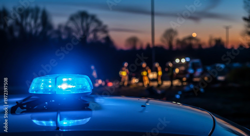 Flashing blue light on an emergency vehicle at the scene of an accident or crisis with soft focus on first responders in the distance.