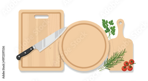 Kitchen Preparation Set with Wooden Cutting Boards, Chef Knife, Fresh Herbs and Cherry Tomatoes