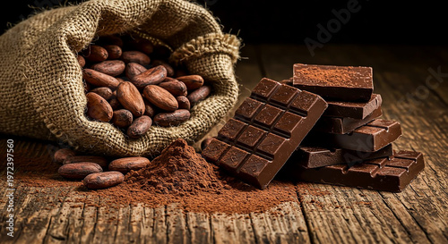 Dark chocolate bars stacked next to raw cocoa beans, cocoa powder, and a burlap sack on a wooden table.