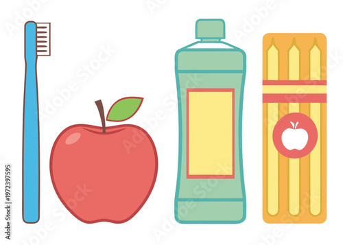 A blue toothbrush and a red apple and a green mouthwash bottle and a yellow dental floss box are displayed on a white background.