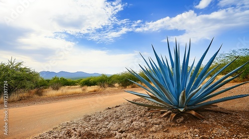 amalgam. A mature blue agave plant lies harvested on the arid desert ground under harsh sunlight. gardening catalogs, home-decor guides, designed for gardening and botanical catalogs.