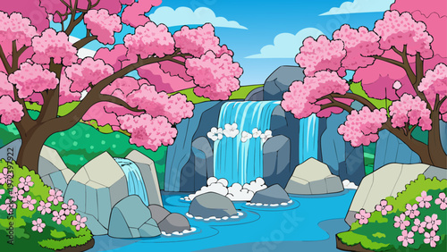 Cartoon cherry blossom trees, waterfall, river landscape, pink flowers, blue water