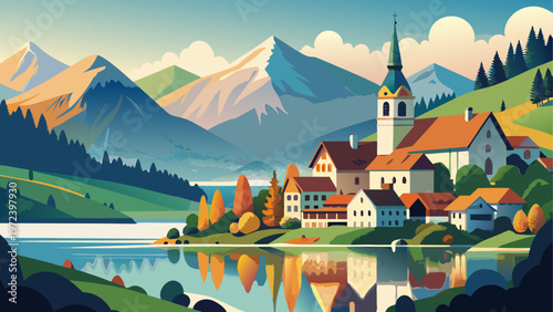 vibrant, idyllic village, lake, mountains, illustration