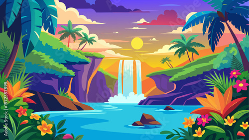 Tropical island, colorful paradise, exotic landscape, vector illustration