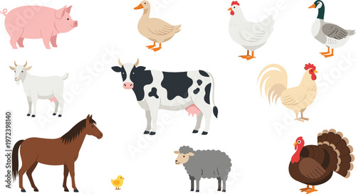 Farm animals vector set including pig, cow, horse, sheep, goat, chicken, duck, and turkey in colorful flat style for agriculture and kids design