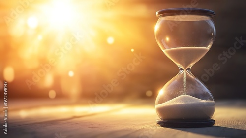 infamy. Final grain of sand falling through hourglass center, soft wooden background, dramatic lighting. wellbeing guides.