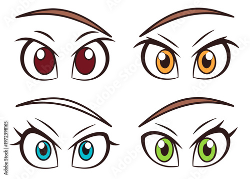 Four pairs of wide cartoon eyes with distinct maroon, amber, cyan, and lime green irises and brown eyebrows are set in a two-by-two grid.