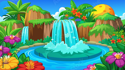 Tropical island, waterfall paradise, exotic landscape, colorful illustration
