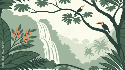 Tropical jungle landscape, green foliage, waterfall scene, exotic birds, nature background