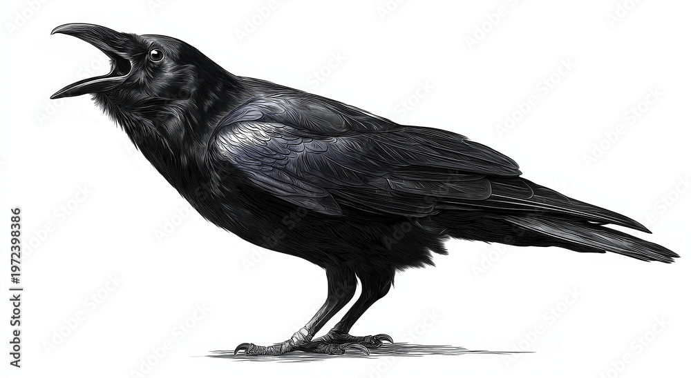 Fototapeta premium Black Raven Bird with Open Beak on White Background isolated on a transparent background