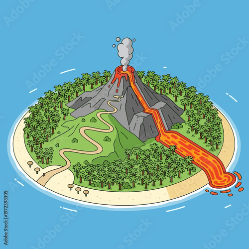 Erupting volcano on a tropical island.