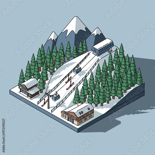 Isometric ski resort with chairlifts and snow-capped mountains.