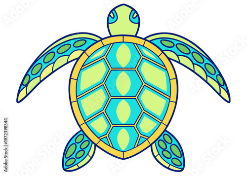Sea turtle illustration with turquoise and lime green mosaic shell.