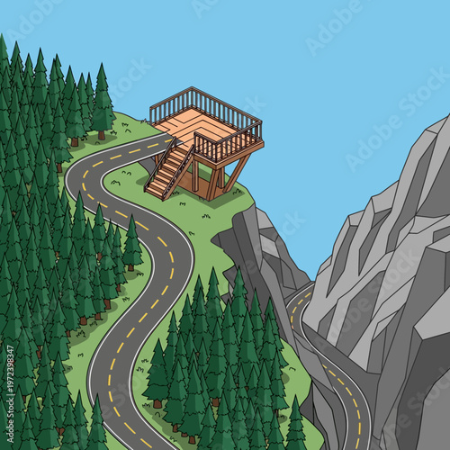 a winding road leading to a lookout tower on a cliffside surrounded by trees.