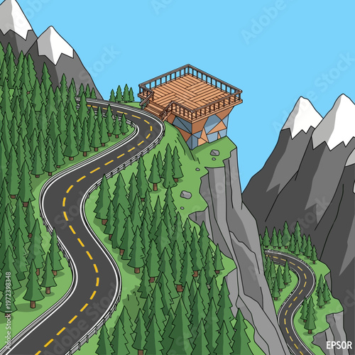 A cartoon wooden cabin on a cliffside road amidst mountains and trees.