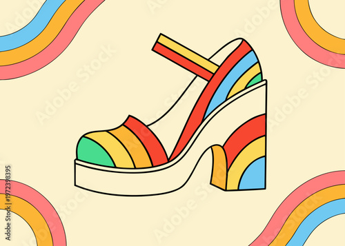 Seventies style platform wedge shoe with multi colored rainbow stripes.