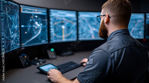 Integrated defense command center analyzing radar + missile trajectory visualization data through multi-screen monitoring system displaying real-time aerial tracking analytics.