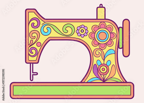 A yellow vintage sewing machine featuring elaborate purple swirl patterns and orange floral decorations sitting atop a solid green base against a light pink backdrop.