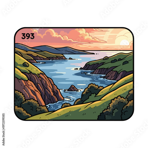 Serene ocean bay with green cliffs.