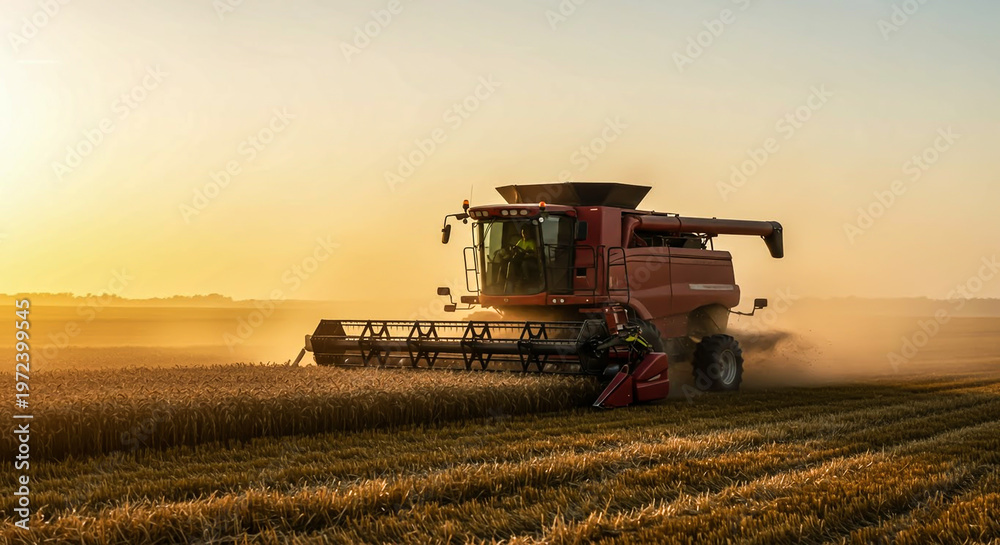 Fototapeta premium Powerful combine harvester cuts ripened grain in a dusty field under warm golden sunset light, symbolizing modern agriculture and a bountiful harvest season.