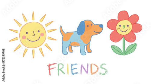 A smiling dog and a flower enjoy sunny day with friends