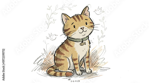 An adorable orange tabby cat sits outdoors in grass with flowers.