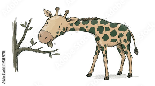 A giraffe eating leaves from a tree branch in the savannah landscape.