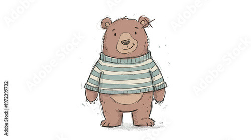 A cute brown bear wearing a striped sweater stands happily indoors.