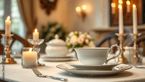 limoges. A classic dining table setting with elegant white china and warm candlelight. menu design, packaging mockups, designed for culinary blogs and recipe cards for restaurants.
