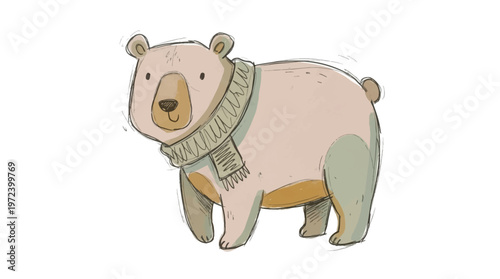 A cute pink bear wearing a scarf stands alone in a simple environment.