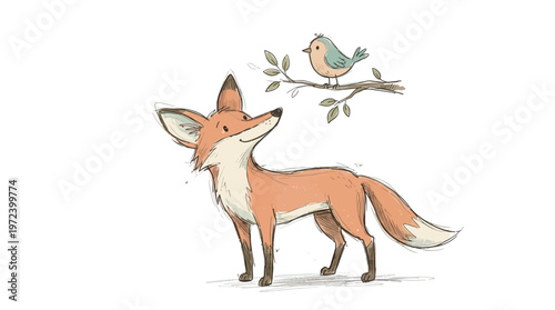 A curious fox looks up at a bird perched on a leafy branch outdoors.